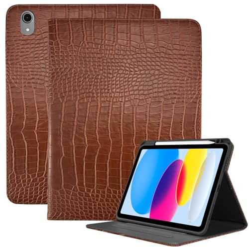Deokke Coque pour iPad 11ème Génération (A16) et iPad 10e Génération 10,9 Pouces 2022-Design Crocodile Rétro avec Porte-Stylet et Fonction Réveil/Sommeil Automatique(C14-Cuir de Crocodile Marron)