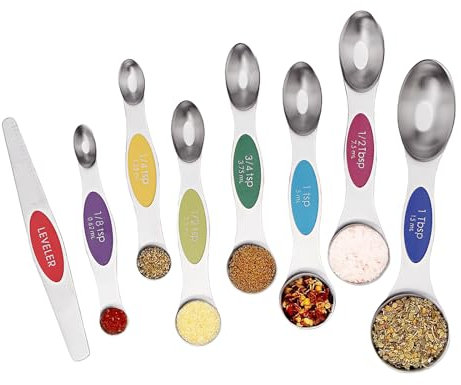 SHIKORI Magnetic Measuring Spoons Set of 8 Stainless Steel Stackable Dual Sided Nesting Teaspoons and Tablespoons for Measuring Dry and Liquid Ingredients-Multicolor