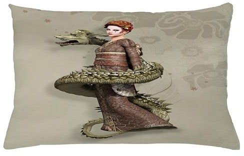 ABAKUHAUS Fantasie Kissenbezug 2er-Pack, Western Geisha mit Cry Make-Up von Spiralling Dragon gewickelt, Kissenhülle mit Reißverschluss Beidseitiger Druck, 65 x 40 cm, Olivengrün Eierschalenfarben