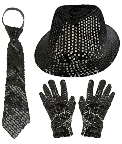 EUPSIIU 3 Stück Shinny Pailletten Kostüm Jazz Hip-Hop Dance Performance Zubehör mit Pailletten Hut Krawatte Pailletten Handschuhe Halloween Latin Jazz Mardi Gras Cosplay Abschlussball