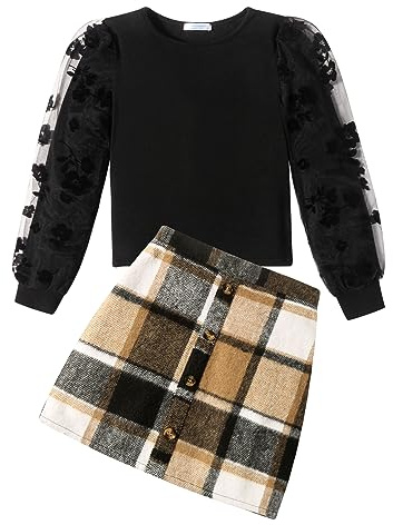 Arshiner Mädchen Bekleidungssets Elegante Langarmshirt mit Rock Set Kinder Herbst Winter Outfit Kariert Freizeit Mode Zweiteilig Kleidung Sets für Mädchen 12-13 Jahre