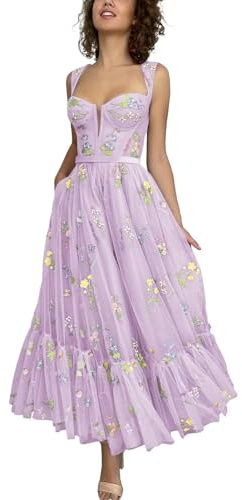 SWEMILE Women's Flower Embroidery Tulle Prom Dresses Corset Ruched Tea Length Floral Formal Evening Party Gowns Lilac