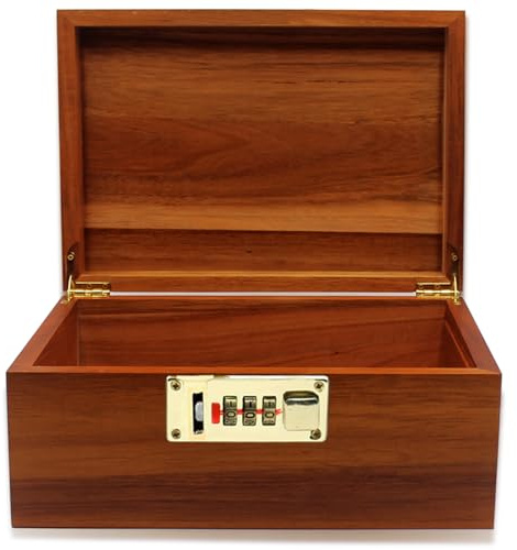 Große Holzkiste, dekorative Aufbewahrungsbox aus Holz mit Zahlenschloss mit Scharnierdeckel, Akazienbox, abschließbare Truhe für Andenken, Wertsachen, Accessoires, Schatzgegenstände, Holzkisten