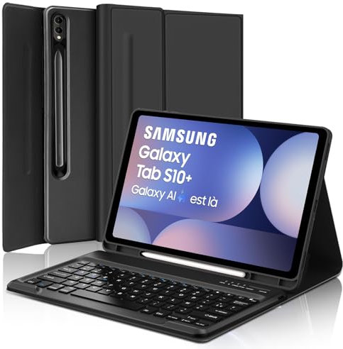 SENGBIRCH Coque Clavier pour Samsung Galaxy Tab S10 Plus 12.4 Pouces 2024 - AZERTY Français Clavier Détachable sans Fil Bluetooth pour Samsung Galaxy Tab S10 Plus 12.4'', Noir