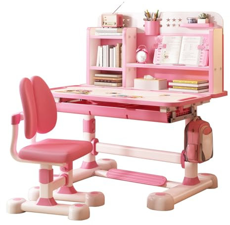 gihusrzx Kids Study Schreibtischstuhl Set, höhenverstellbar Kinder Schule Study Tisch Stuhl Set mit Sitzkorrektur, ergonomischer Schreibtischstuhl mit Buchständer, Fußpedal, Trennwand Design Rosa