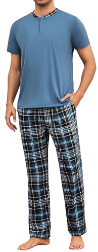 Aseniza Pyjama Homme Coton Ensembles de Pyjama Homme Doux Haut à Manches Courtes Col Rond et Pantalon à Carreaux Long Deux pièces Vêtements de Nuit Confortable Loungewear S-3XL