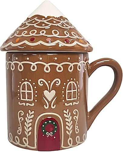 DIVAS SPIRITUAL Ceramic Christmas Mugs in Gingerbread House Featuring lids Handles and Microwave Safe Design Ideal for hot Drinks and Festive Decor