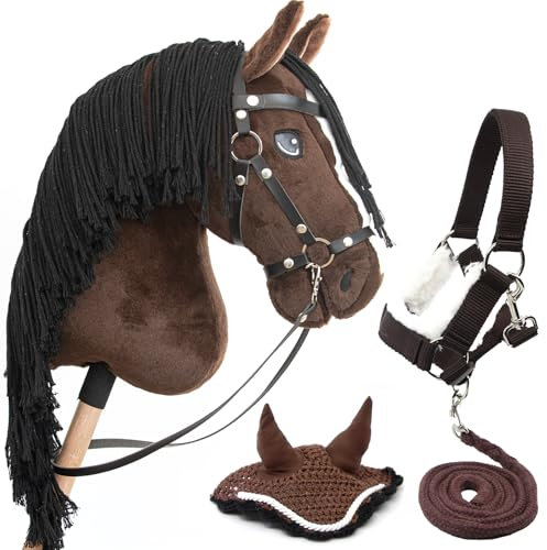 Hobby Horse A3 Bai Braun Rosshaar schwarz - Pferde - komplettes Zubehörset - Netz, Trense, Zügel, Halfter, Führstrick und Mütze braun - Pferdekopf Stick für Hobby Horsing Kinder und Jugendliche