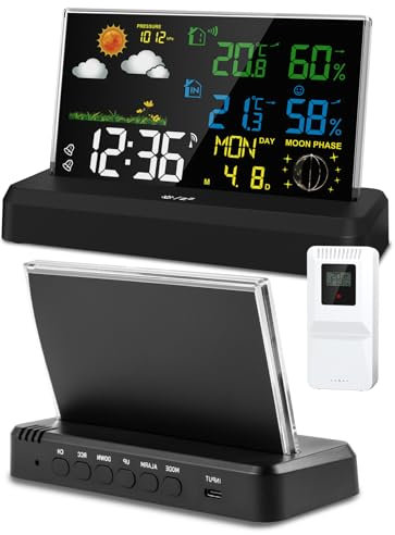 MalTec Wetterstation Drahtlose Thermometer Barometer Daily2000M Schwarz Großbildschrim Mondphasen USB-Anschluss