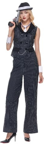 EraSpooky Costume de Gangster pour femmes adultes des années 1920 Costume à fines rayures comprenant une veste sans manches un pantalon, une cravate un chapeau et un bracelet