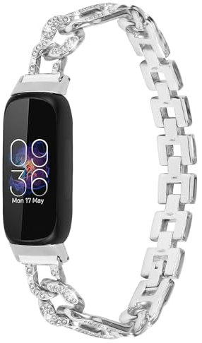 Full-Strass Metallarmband Kompatibel mit Google Fitbit Inspire 3 Smartwatch Bracelet Ring Zinklegierung Armband mit Stass, Bling Uhrenarmbänder Elegant Armbänder (Silber,12MM)