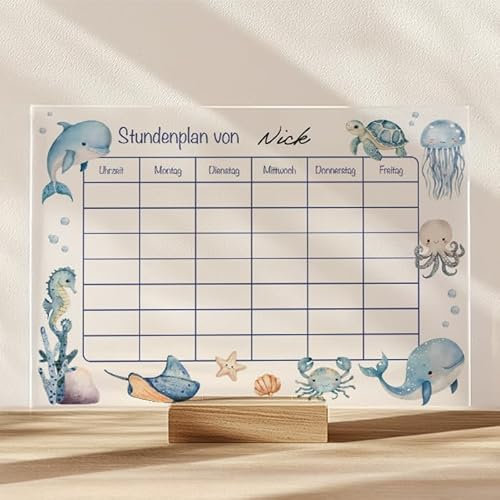 MeinBaby123® Stundenplan aus Acryl abwischbar inkl. Holzhalterung | Einschulung | Schulanfang Geschenk | Wochenplan | Jungs & Mädchen | Stundenplan Unterwasserwelt | Meerestiere | Wal, Delfin