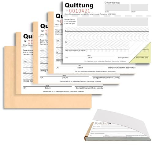 5 Stück Quittungsblock Kleinunternehmer A6 Quer Quittungsblock mit Durchschlag 2 x 40 Blatt Rechnungsblock Quittungsblock Nummeriert Mikroperforiert Selbstdurchschreibend für Buchführung Weiß