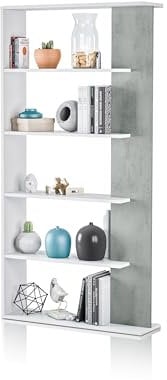 duehome | Estantería 5 baldas, Librería Comedor, Salon, Modelo Opal, Acabado en Color Blanco Artik y Gris Cemento, Medidas: 180 cm (Alto) x 90 cm (Ancho) x 25 cm (Fondo)