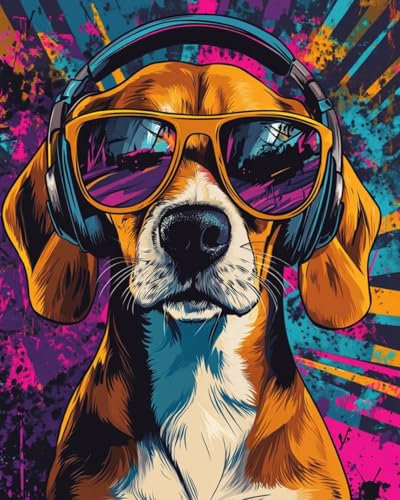 Paint by Numbers Kits for Adults and Kids Dog Wearing Sunglasses and Headphones Oil Paint Digital Drawing Canvas with Brushes Christmas Decorations Gifts -16 * 20 Inch Frameless