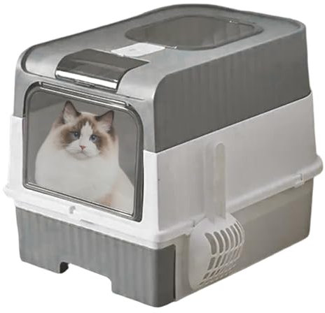 Sghtil Bac à litière pour chat, grande litière, avec contrôle des odeurs, pliable et légère, fermée, avec fonction tamis, pelle et sacs poubelle pour l'intérieur