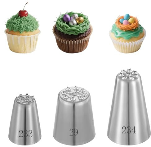 BOHUIZ 3 Pcs Grass Piping Tip for Cake Decorating, Stainless Steel Grass Icing Tip Cake Piping Tips Decorating Tips for Frosting Cupcakes Decoration DIY Baking (233 234 29)