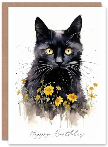 Artery8 Happy Birthday Black Cat with Yellow Daisy Flowers Birthday Card