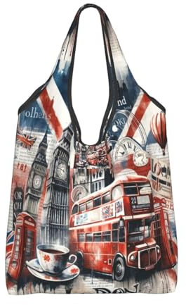 Vortithora Faltbare Einkaufstasche, London-Britisch-Vintage, wiederverwendbar, wasserdichte Einkaufstasche