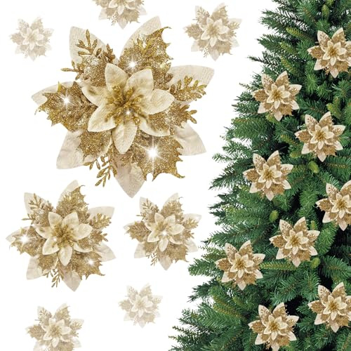 16Pcs Christmas Glitter Poinsettia Flowers, Christmas Artificial Decorations for Tree, Xmas Tree Flowers Decorations, Champagne Gold Artificial Flowers for DIY Xmas Trees Garland Decor