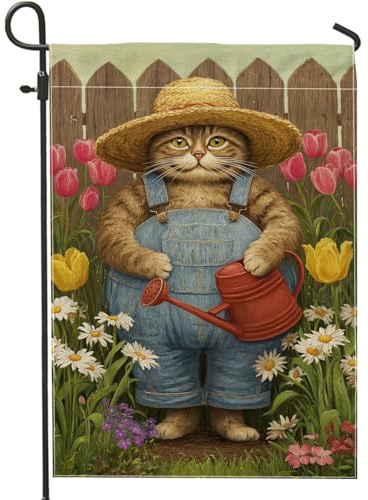 Frühlingsgartenflagge, niedliche Katze mit Gießkanne und Blumen, Outdoor-Dekoration, doppelseitiges Jute-Banner für Rasen und Party-Dekoration, 30,5 x 45,7 cm