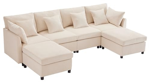 BTM Modernes Chenille 5 sitzer Big Sofa mit Abnehmbarem Fußhocker L Form Ecksofa Modulares Sofa für Wohnzimmer Beige