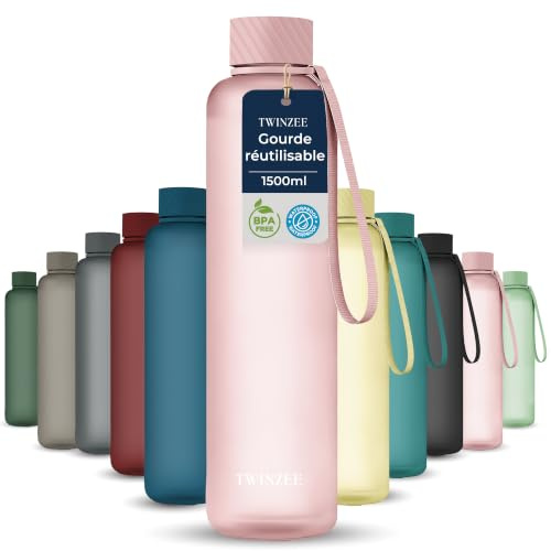 Twinzee Botella Agua 1,5 litro - Sin BPA & Antigoteo, Botella de Agua Deportiva, Oficina, Colegio, Gym, Cantimplora - Tritan Water Bottle, Rosa