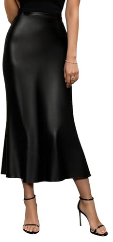 viiotu Satin Skirt for Women UK, Elegant High Waist Satin Midi Long Slip Skirt, A-Line Silk Skirts for Women (UK, Alpha, L, Regular, Regular, Black)