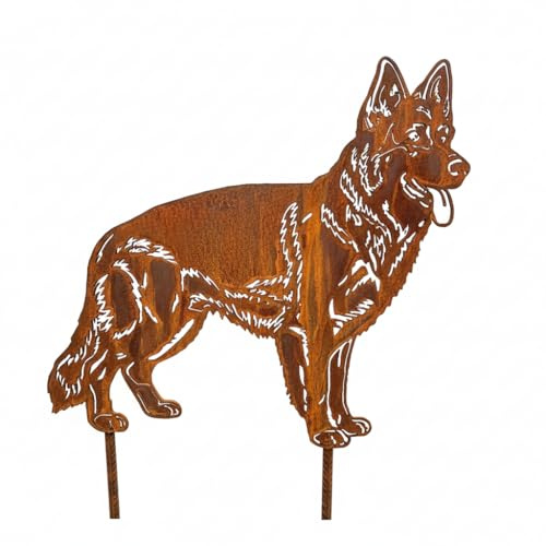 Kapaga - Edelrost Gartenstecker Altdeutscher Schäferhund - Rost Deko Hund | Gartendeko für Draußen - stabile Metall Gartenfigur aus Stahl - Wetterfest für Beet Terrasse - 44x48cm