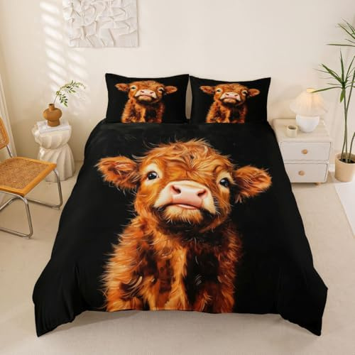 Homemissing Highland Kuh Bettwäsche Set 135x200cm Highland Rinder Bettwäsche-Set für Jungen Mädchen Süße Bauernhaus Tier Bettbezug Set mit 1 Kissenbezug 80x80cm