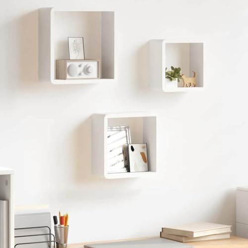 WNVBXRM MDF Regalwürfel 3er Set Weiß | Schwebende Wandregale, Unsichtbares Befestigungssystem, Stabil und Langlebig, Für Bücher und Deko