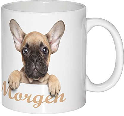 Guten-Morgen-Becher Keramik Becher französische Bulldogge 11 Unzen 8,2x9,5cm 330ml Spülmaschinengeeignet Handgedruckt in Norddeutschland