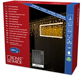Konstsmide LED Eisregen Lichtervorhang, mit weißen Globes, 400 warm weiße Dioden, 24V Außentrafo, transparentes Kabel - 3673-103
