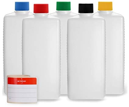 Octopus Bouteilles en Plastique 5 x 500 ML, Bouteilles en Plastique PE-HD avec Bouchon à vis de Couleur vive, Bouteilles vides avec Bouchons à vis colorés, Bouteilles carrées. 5 étiquettes incluses.
