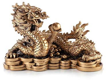 lachineuse - Figurine Grand Dragon Feng Shui - Statuette Dragon sur Sapèques - 14 x 21 x 11,5 cm - Symbole de Puissance, Force & Longévité - Décoration Asiatique Chinoise - Coloris Doré
