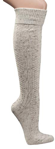 krautwear Herren Trachtenstrümpfe Trachten Kniestrumpf Zopfmuster Extralanger Schaft zum Umschlagen mit Wolle Oktoberfest Karneval, natur-tweed, 35-38