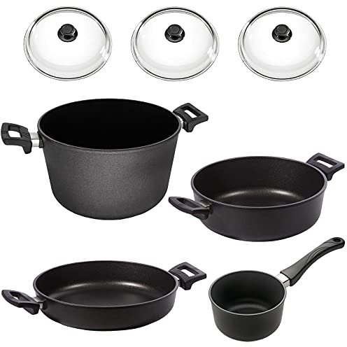 Eurolux Topf-Set Induktion Aluguss beschichtet 7-tlg. - große Guss-Kochtöpfe inkl. Soßentopf 16 cm Kasserolle & Schmortopf & Deckel 28/32/32 cm - Made in Germany