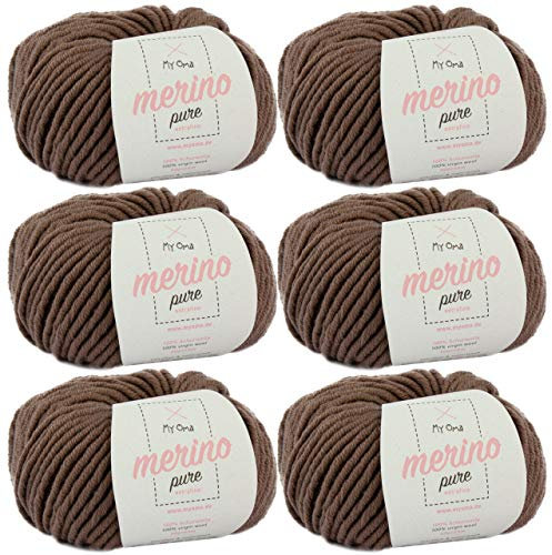 Merinowolle -6x Merino pure taupe (Fb 4368)- 6 Knäuel Merinowolle taupe + GRATIS Label - Merino Wolle zum Stricken braun - 50g/65m - Nadelstärke 6-7mm - 100% Merino - Wolle zum Häkeln