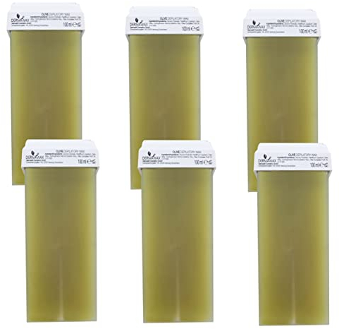 DERMAWAX Olive Wachspatronen 6x 100 ml Roll-On Wax Nachfüllset - Warmwachs für empfindliche Haut- ideal für Achseln Beine Rücken Arme & Brust – Cremige Konsistenz (600 ml, Oliven)