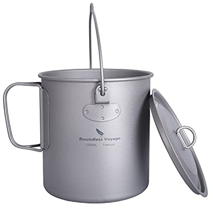 usharedo Outdoor 750ml 800ml 1100ml 1300ml Titanium Pot with Lid Folding Bail Handle Camping Hiking Picnic Ultralight Water Bottle Cup Mug Spork Set (Ti15143B)