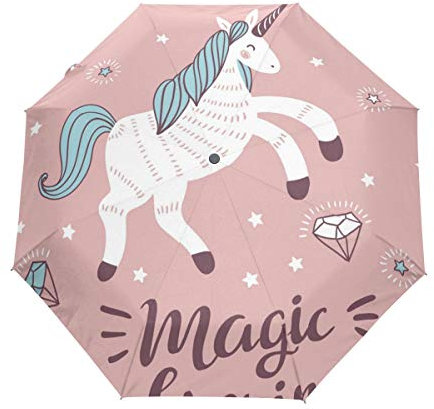 Magie Rosa Einhorn Regenschirm Auf-Zu Automatik Taschenschirm Winddichter Umbrella Klein Leicht Schirm Kompakt Schirme für Jungen Mädchen Reise Strand Frauen