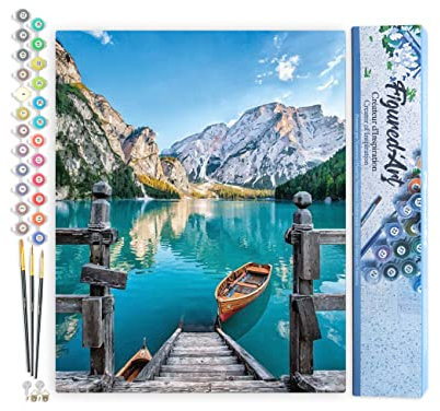 Figured'Art Peinture par Numéro Adulte Barque sur Un Lac de Montagne - Activité Manuelle Kit de Loisir Créatif DIY Numéro d'art Complet - 40x50cm sans châssis en Bois