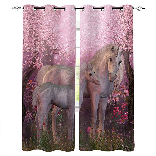 MXYHDZ Blickdicht Vorhang für Schlafzimmer - Rosa Tier Pferd Blume - 3D Druckmuster Öse Thermisch isoliert - 280 x 245 cm - 90% Blickdicht Vorhang für Kinder Jungen Mädchen Spielzimmer
