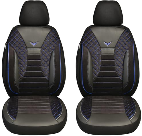BREMER SITZBEZÜGE Maß Auto Schonbezüge kompatibel mit Mercedes A-Klasse W169 Fahrer & Beifahrer Set ab 2004-2012 / Auto Schonbezug Velour Kunstleder Set 2er Pack in Schwarz/Blaue Naht (PS806)