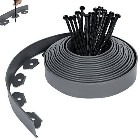 XMTECH Flexible Rasenkante Kunststoff 50m, mit 150 Befestigungsheringen, Beeteinfassung blumenbeet Umrandung Grau