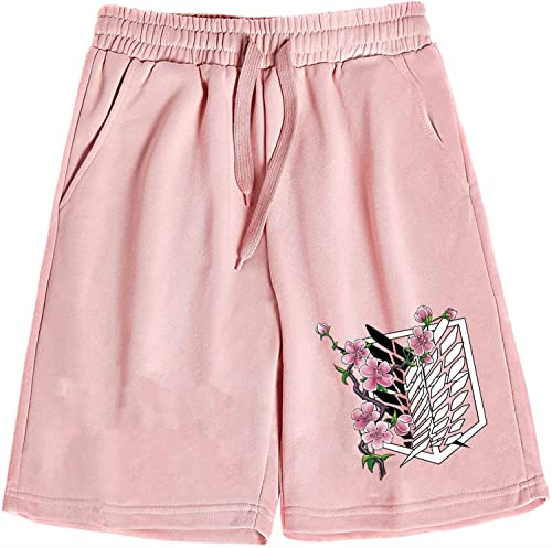 Sybnwnwm Attack on Titan Shorts Scout Regiment Athletic Drawstring Gym Shorts mit Tasche Outdoor Wandern, rose, 4X-Large