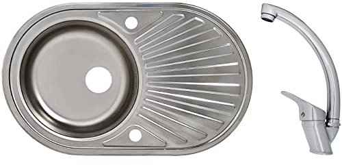 Edelstahlspüle Einbauspüle Set 78 x 48 cm Oval inklusive Mega Armatur Becken Spülbecken Spüle Küchenspüle Oval aus Edelstahl