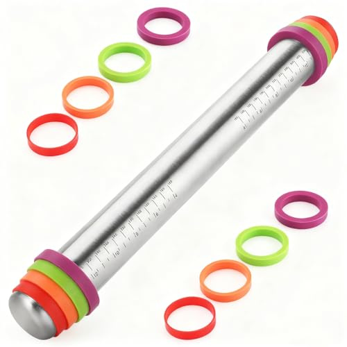 Stainless Steel Rolling Pin with Adjustable Thickness Rings - 4 Interchangeable Sizing Bands for Dumplings/Pasta/Cookies - Nonstick Kitchen Baking Tool (Rolling pin with color thickness rings)