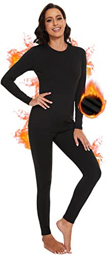 SIHOHAN Womens Thermal Underwear Set, Fleece Lined Thermal Long Johns for Ladies, Winter Warm Base Layer Tops & Leggings for Daily Wear and Skiing (Black,L)