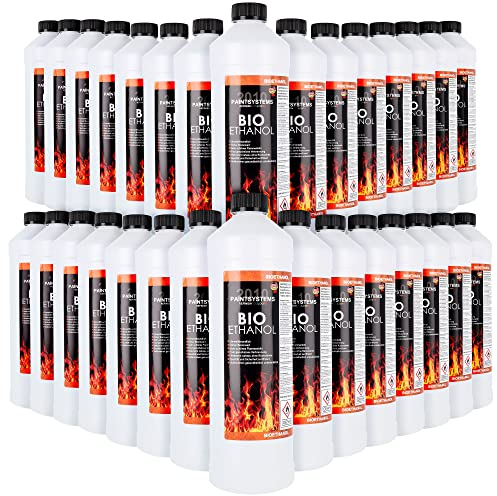 Bio Alkohol 100% 30 x 1 Liter - BIOETHANOL für Alkohol-Kamine, Tischfeuer, Ethanolkamine, Alkoholbrenner, Terrassenfeuer, Raumfeuer, Standfeuer oder Gartenfeuer